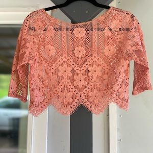 For Love and Lemons pink lace two piece set.